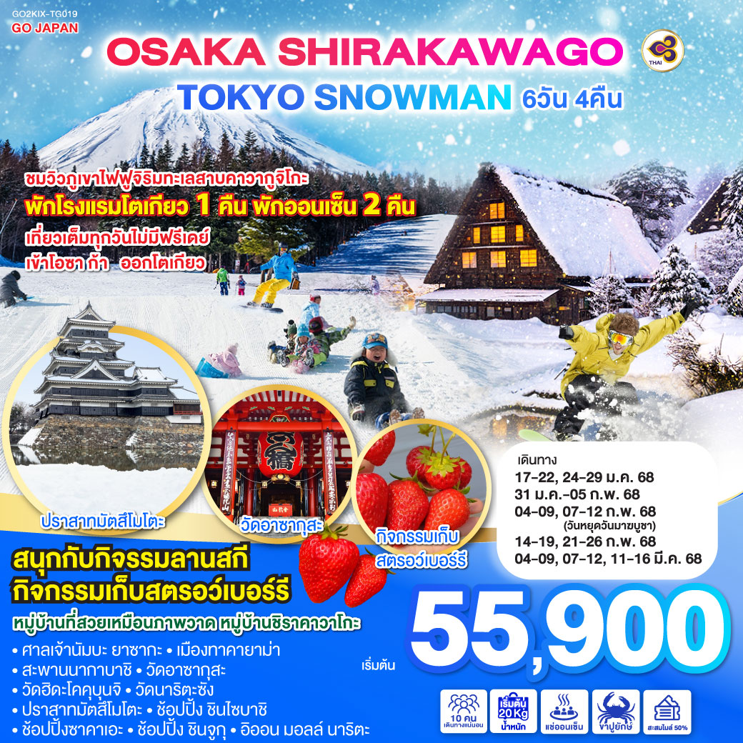 ทัวร์ญี่ปุ่น OSAKA SHIRAKAWAGO TOKYO SNOWMAN 6วัน 4คืน TG