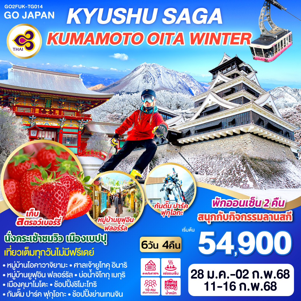 ทัวร์ญี่ปุ่น KYUSHU SAGA KUMAMOTO OITA WINTER 6วัน 4คืน TG