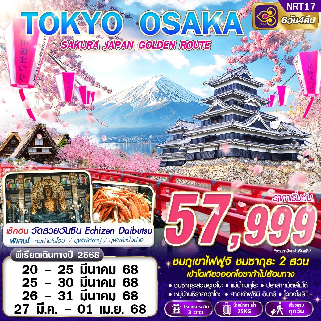 ทัวร์ญี่ปุ่น TOKYO OSAKA SAKURA JAPAN GOLDEN ROUTE 6วัน 4คืน TG