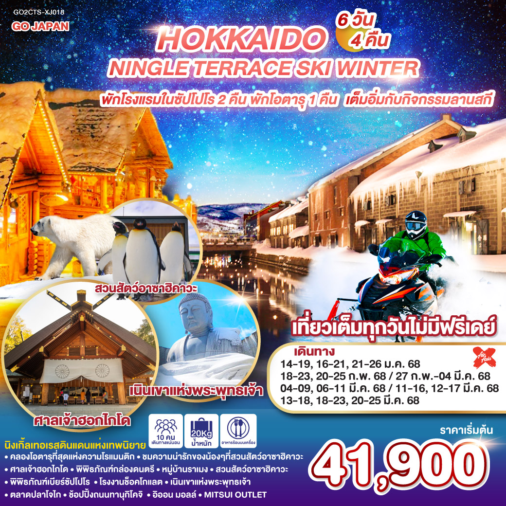 ทัวร์ญี่ปุ่น HOKKAIDO NINGLE TERRACE SKI WINTER 6วัน 4คืน XJ