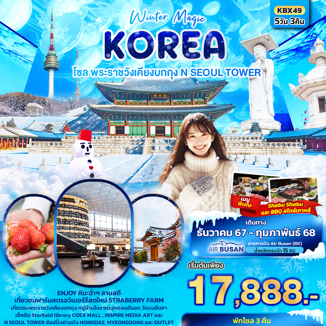 ทัวร์เกาหลี Winter Magic Korea Seoul โซล พระราชวังเคียงบกกุก N SEOUL TOWER 5วัน 3คืน BX