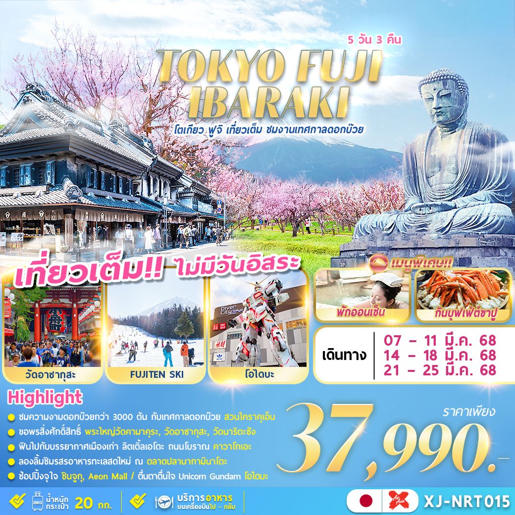 ทัวร์ญี่ปุ่น TOKYO FUJI IBARAKI เที่ยวเต็ม ไม่มีอิสระ 5วัน 3คืน XJ