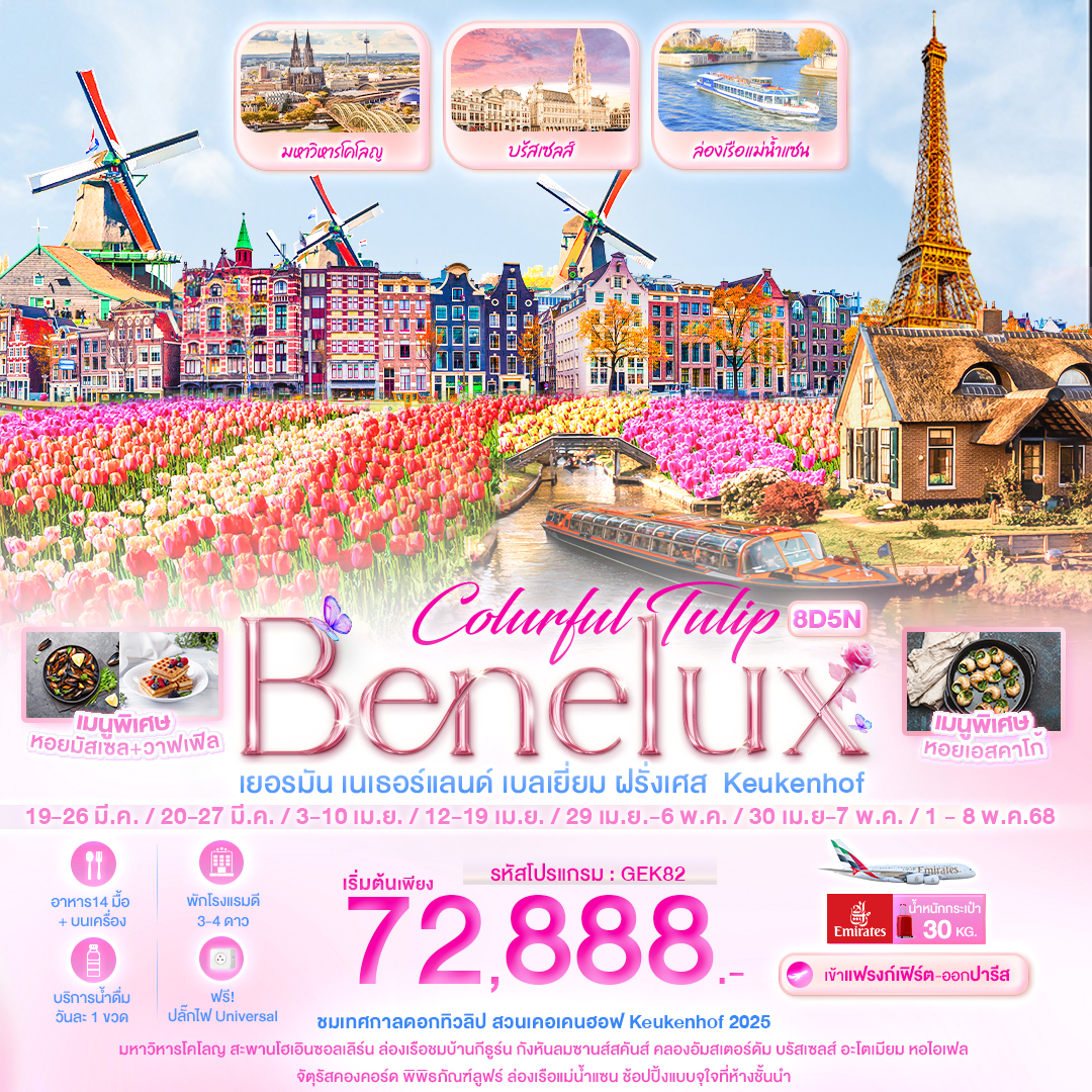 ทัวร์ยุโรป Colurful Tulip Benelux เยอรมัน เนเธอแลนด์ เบลเยี่ยม ฝรั่งเศส Keukenhof 8วัน 5คืน EK