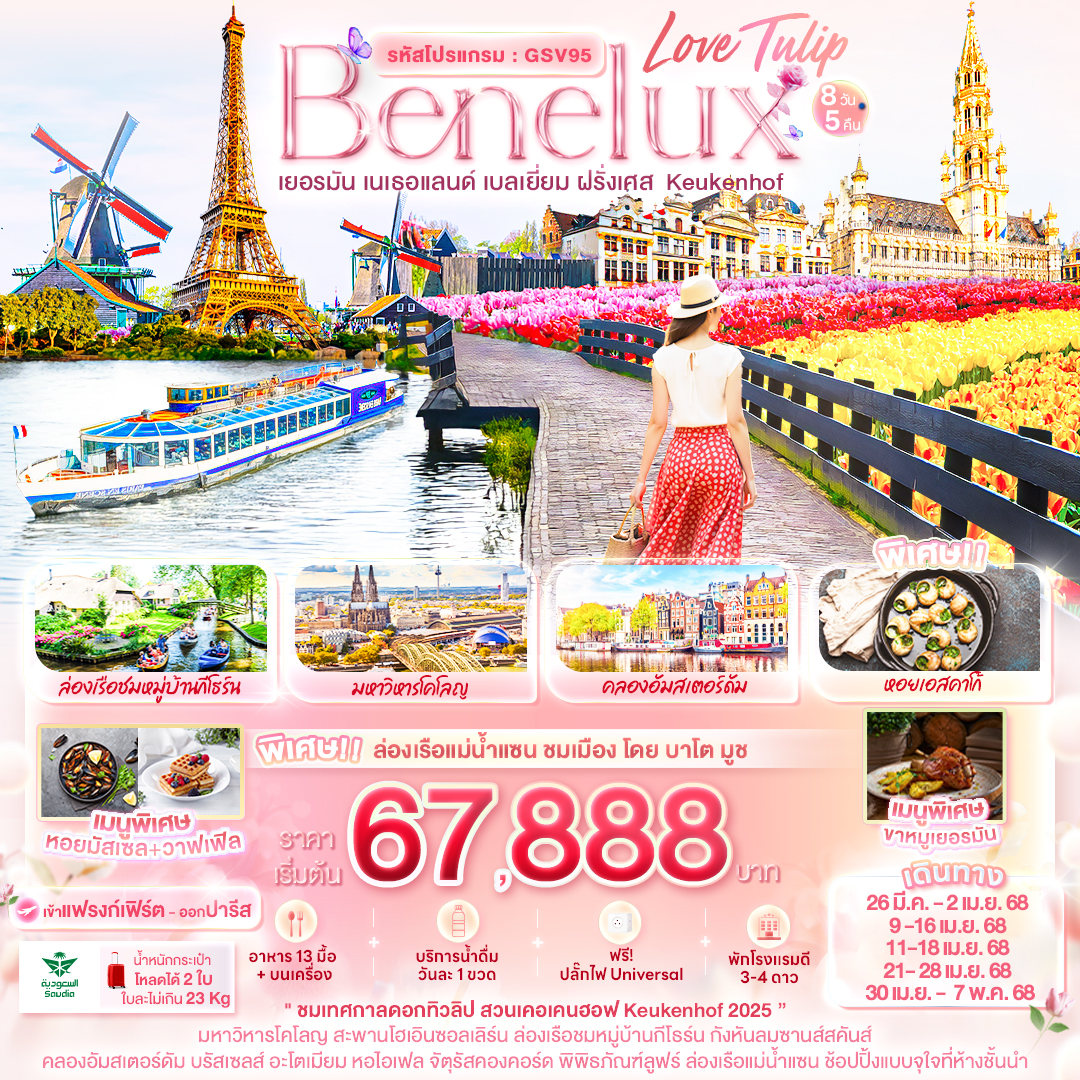 ทัวร์ยุโรป Love Tulip Benelux เยอรมัน เนเธอแลนด์ เบลเยี่ยม ฝรั่งเศส  Keukenhof 8วัน 5คืน SV