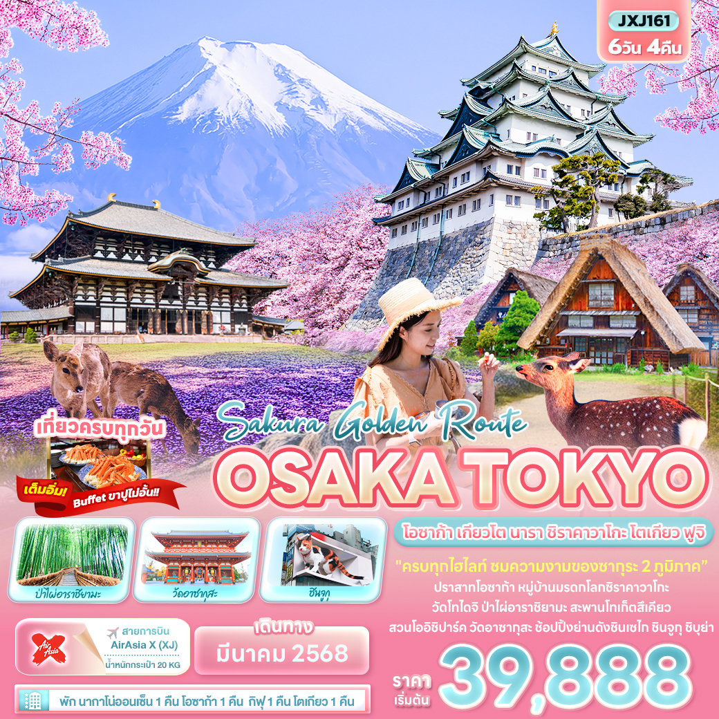 ทัวร์ญี่ปุ่น Sakura Golden Route OSAKA TOKYOโอซาก้า เกียวโต นารา ชิราคาวาโกะ โตเกียว ฟูจิ 6วัน 4คืน XJ