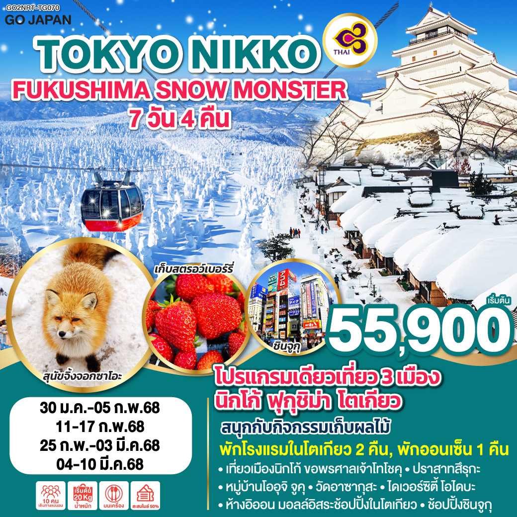 ทัวร์ญี่ปุ่น TOKYO NIKKO FUKUSHIMA SNOW MONSTER 7วัน 4คืน TG