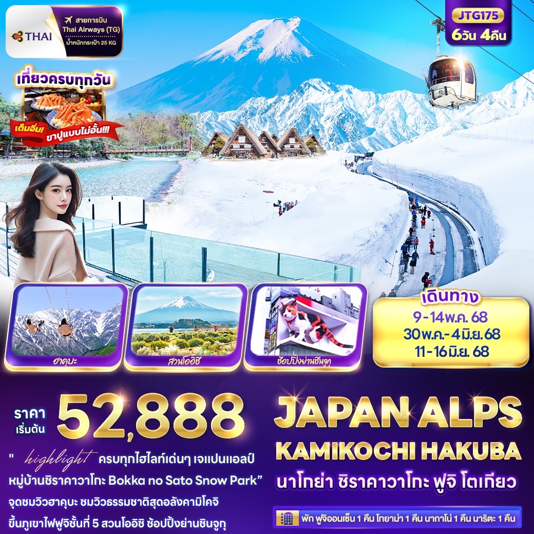 ทัวร์ญี่ปุ่น JAPAN ALPS KAMIKOCHI HAKUBA นาโกย่า ชิราคาวาโกะ ฟูจิ โตเกียว 6วัน 4คืน TG