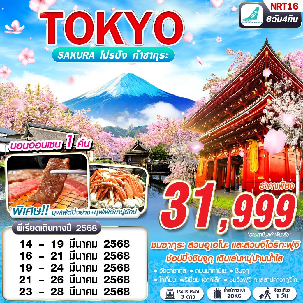 ทัวร์ญี่ปุ่น TOKYO SAKURA โปรปัง ท้าซากุระ (FREEDAY) 6วัน 4คืน HB