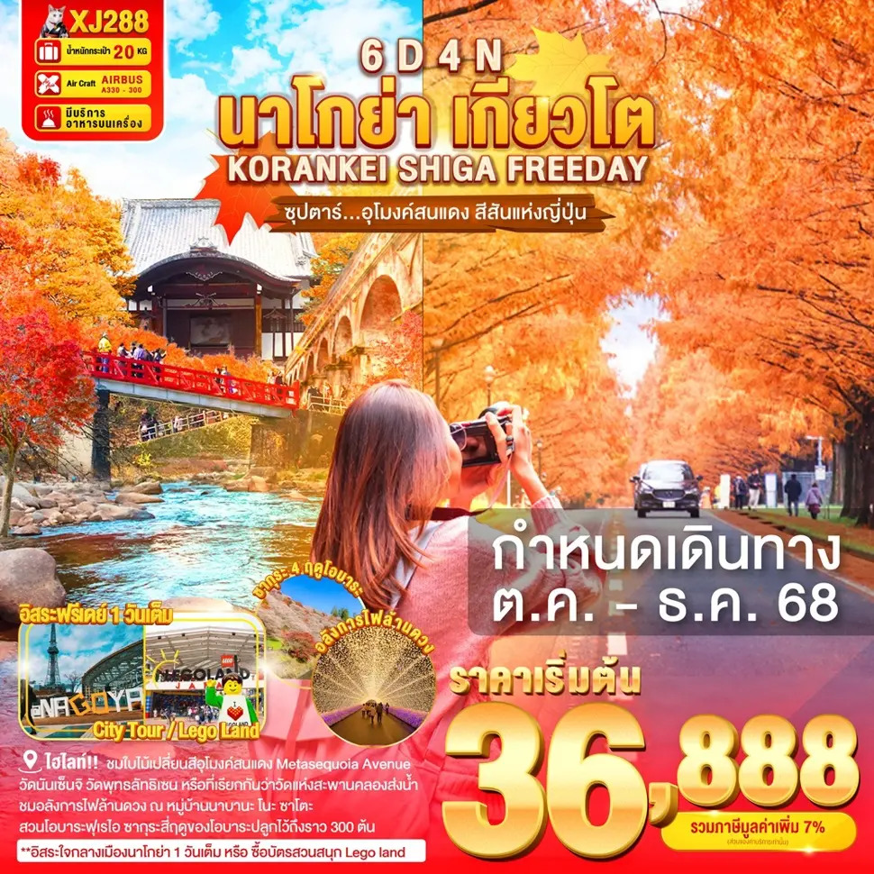 ทัวร์ญี่ปุ่น NAGOYA KORANKEI SHIGA KYOTO FREEDAY ซุปตาร์...อุโมงค์สนแดง สีสันแห่งญี่ปุ่น 6วัน 4คืน XJ