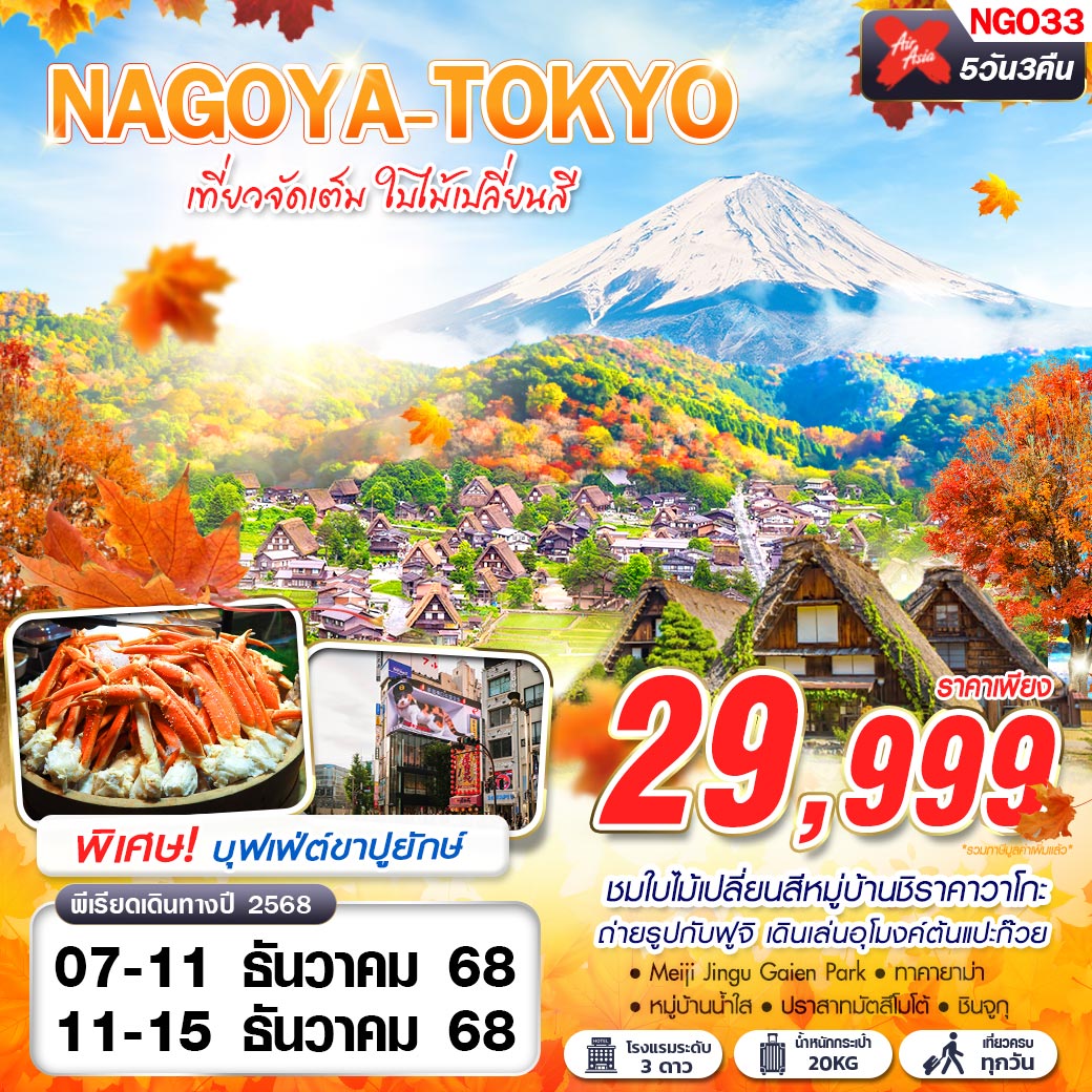 ทัวร์ญี่ปุ่น NAGOYA-TOKYO เที่ยวจัดเต็ม ใบไม้เปลี่ยนสี (บินดึก กลับสาย) 5วัน 3คืน XJ