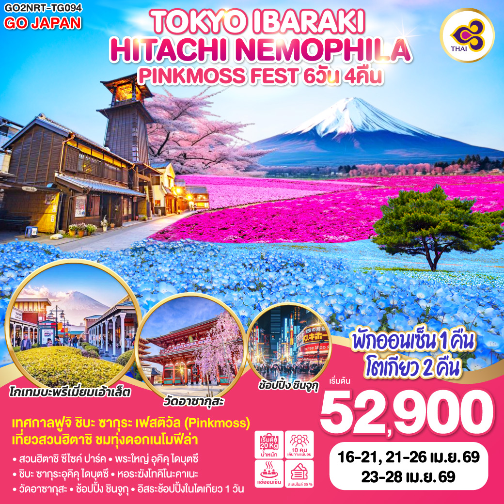 ทัวร์ญี่ปุ่น TOKYO IBARAKI HITACHI NEMOPHILA & PINKMOSS FEST 6วัน 4คืน TG