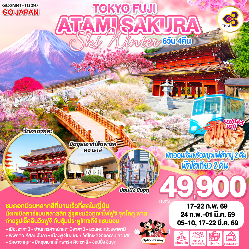 ทัวร์ญี่ปุ่น TOKYO FUJI ATAMI SAKURA SKI WINTER 6วัน 4คืน TG