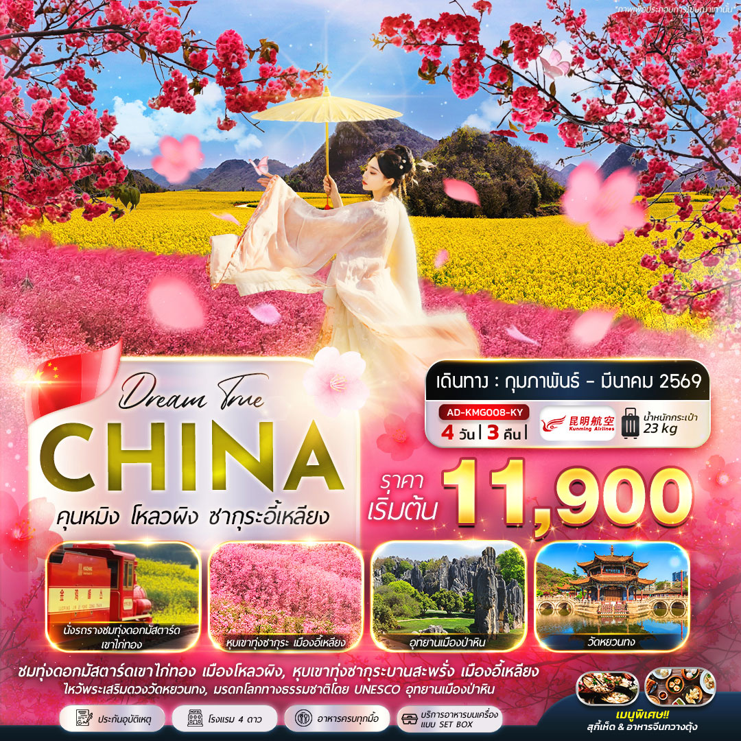 ทัวร์จีน คุนหมิง โหลวผิง ซากุระอี้เหลียง 4วัน 3คืน KY