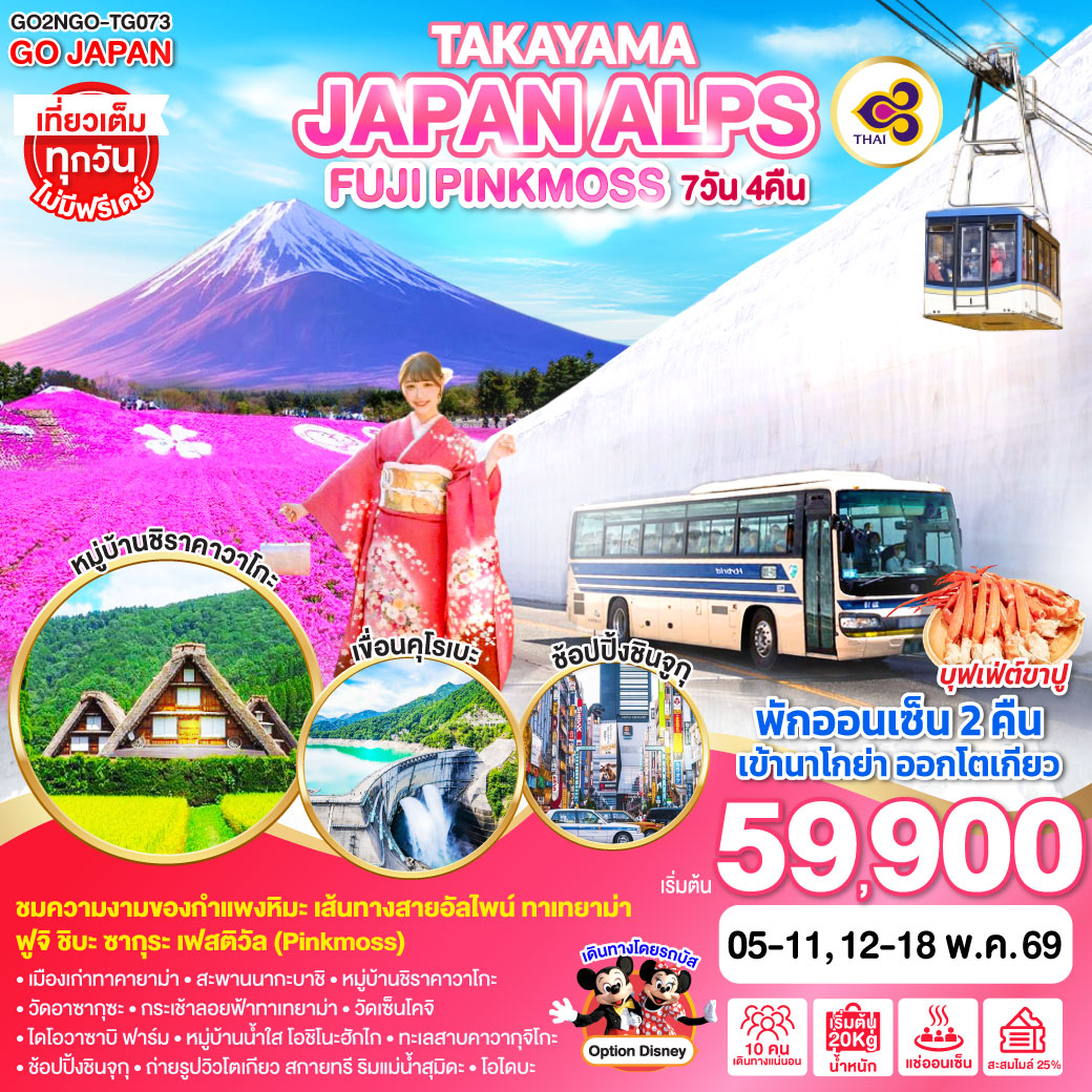 ทัวร์ญี่ปุ่น TAKAYAMA JAPAN ALPS FUJI PINKMOSS 7วัน 4คืน TG