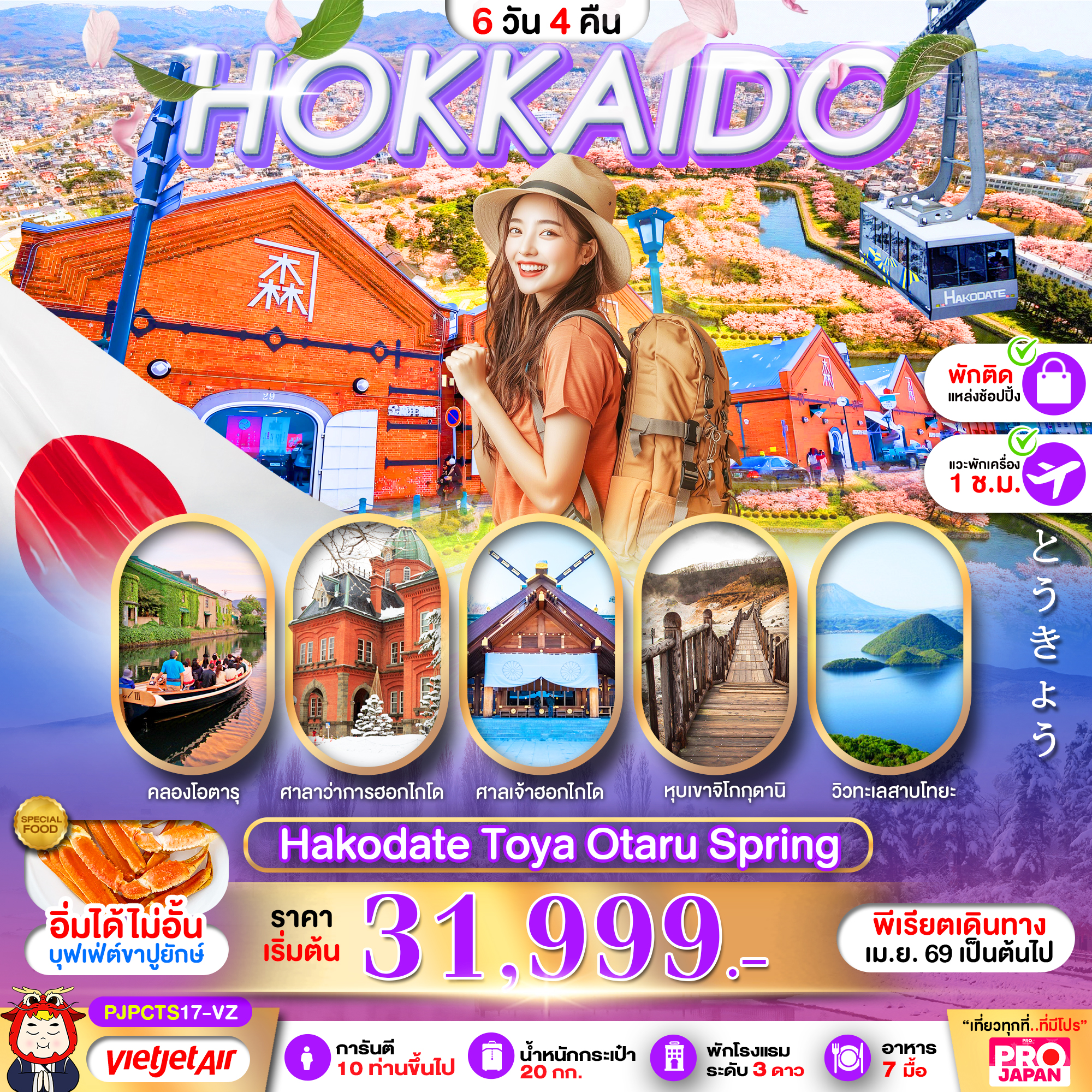 ทัวร์ญี่ปุ่น HOKKAIDO HAKODATE TOYA OTARU SPRING 6วัน 4คืน VZ