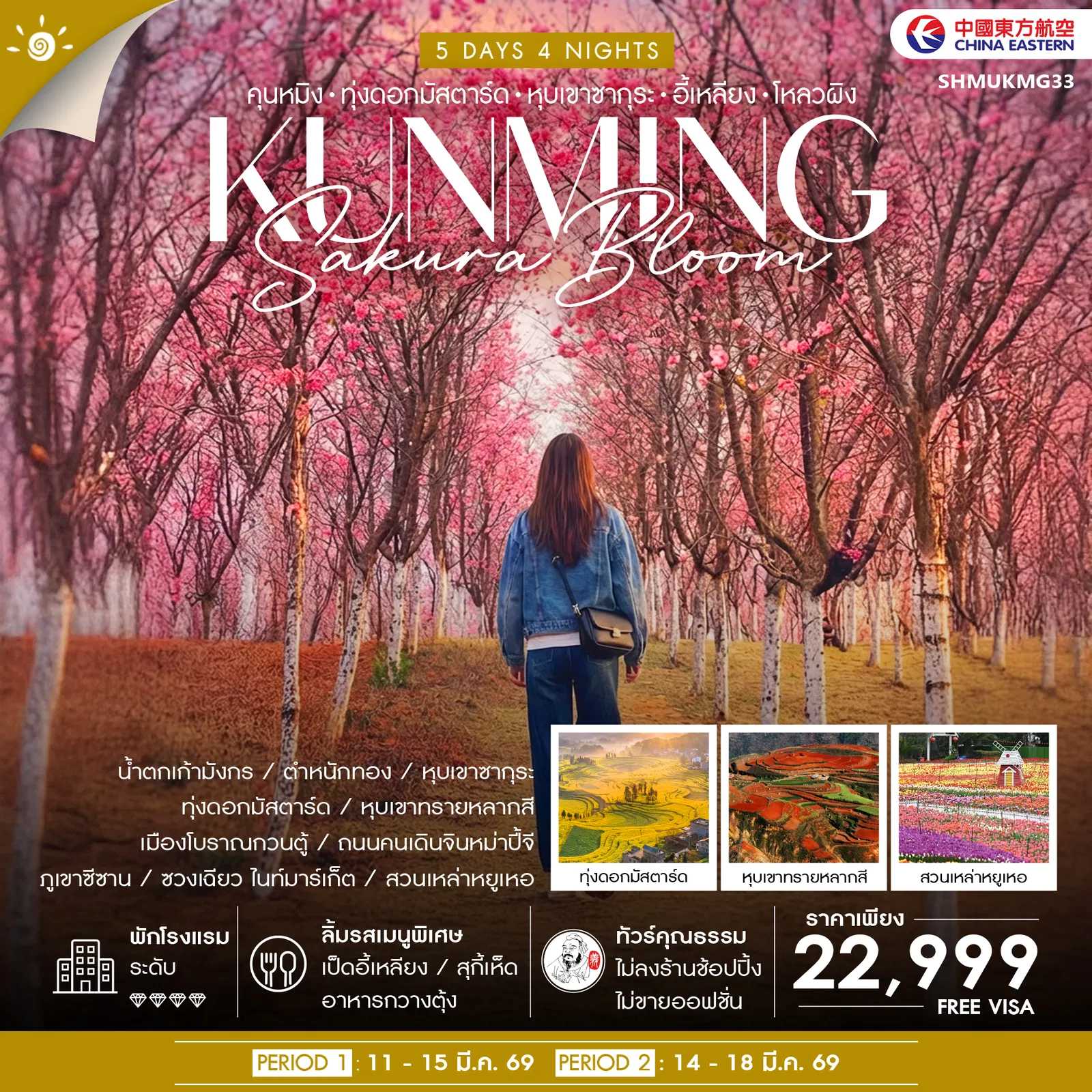 ทัวร์จีน ทัวร์คุณธรรม Sakura & Mustard Bloom คุนหมิง หุบเขาซากุระ ทุ่งดอกมัสตาร์ด 5วัน 4คืน MU