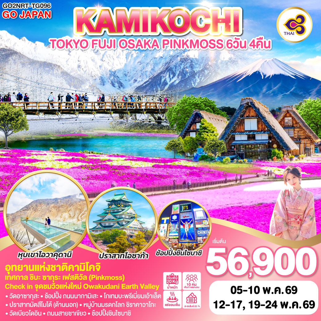 ทัวร์ญี่ปุ่น TOKYO FUJI OSAKA KAMIKOCHI PINKMOSS 6วัน 4คืน TG