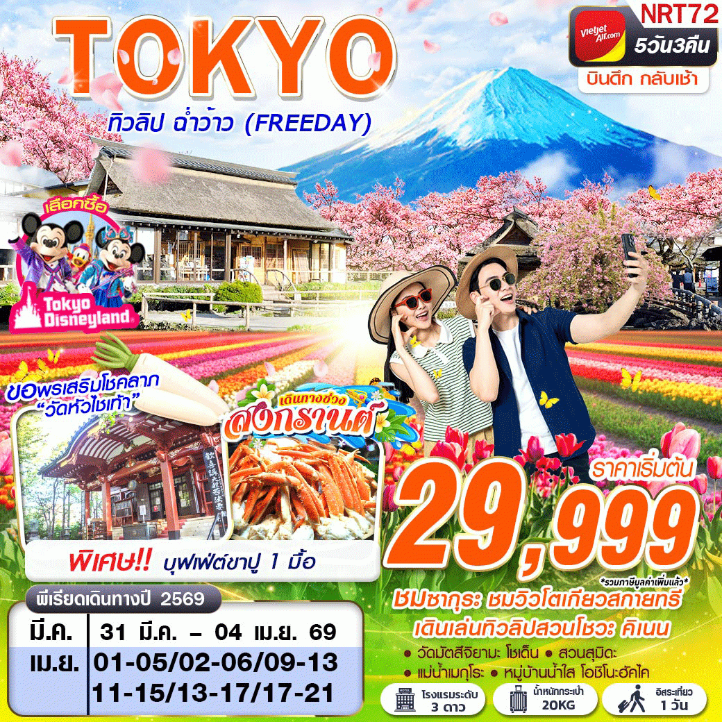 ทัวร์ญี่ปุ่น TOKYO ทิวลิป ฉ่ำว้าว (FREEDAY) บินดึกกลับเช้า 5วัน 3คืน VZ
