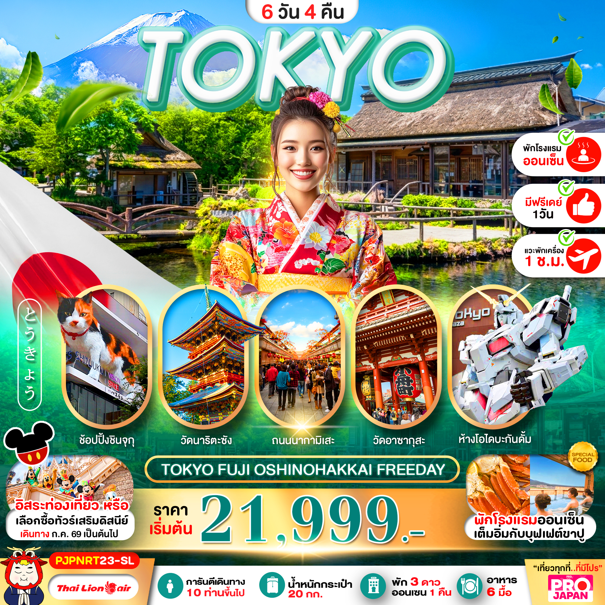 ทัวร์ญี่ปุ่น PRO TOKYO FUJI OSHINOHAKKAI FREE DAY 6วัน 4คืน SL