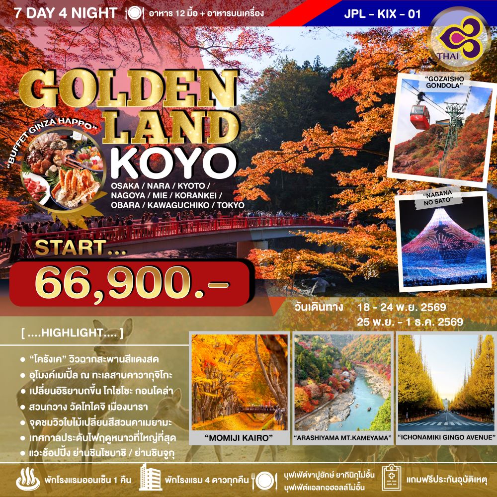 ทัวร์ญี่ปุ่น GOLDENLAND KOYO 7วัน 4คืน TG