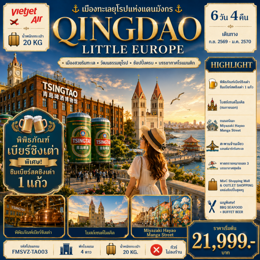 ทัวร์จีน QINGDAO เมืองทะเลยุโรปแห่งแดนมังกร 6วัน 4คืน VZ