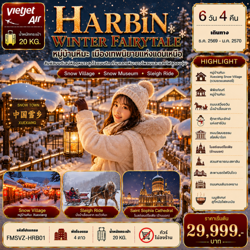 ทัวร์จีน มืองเทพนิยายแห่งแดนเหนือ พักหมู่บ้านหิมะใหม่ 1 คืน 6วัน 4คืน VZ