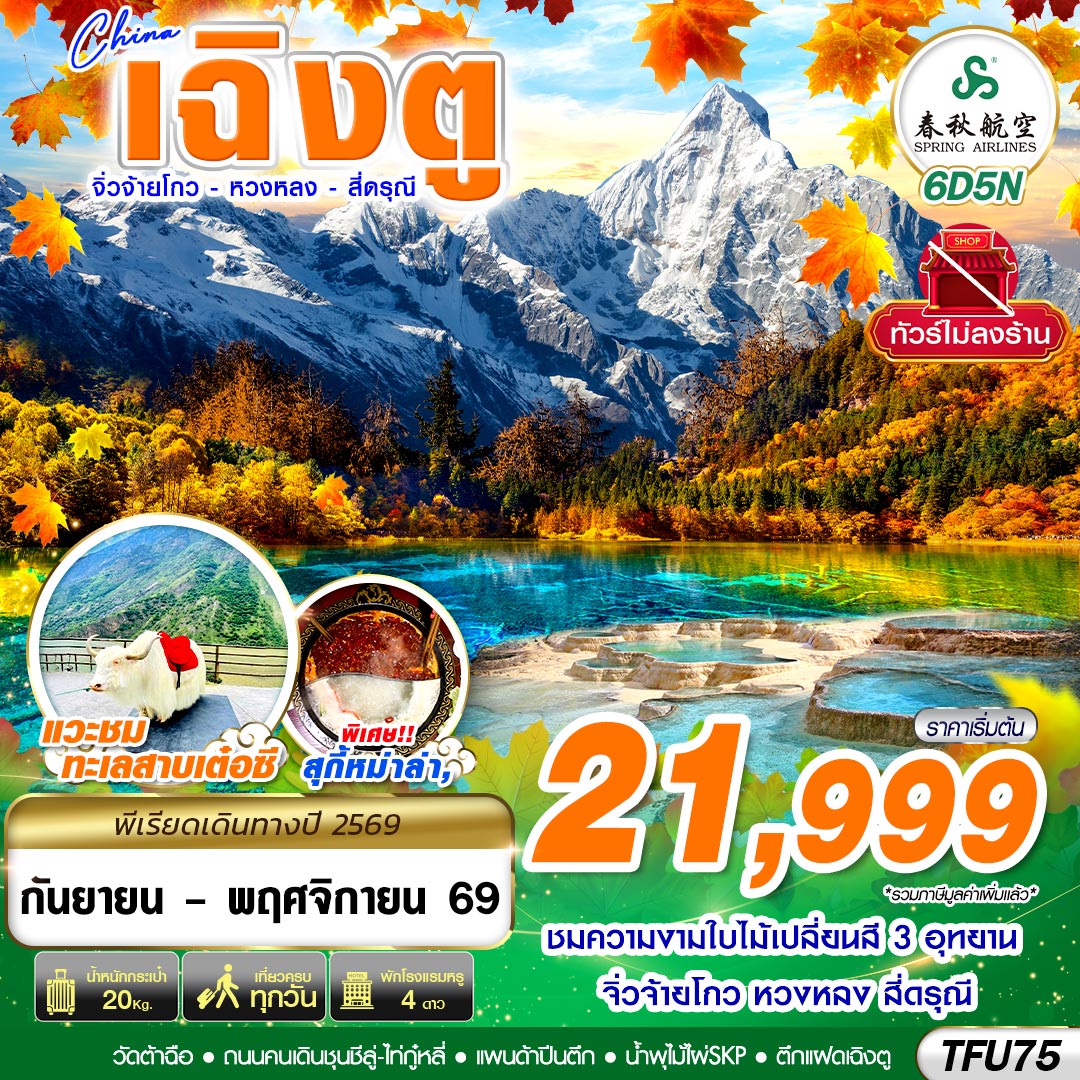 ทัวร์จีน เฉิงตู สี่ดรุณี หวงหลง จิ่วจ้ายโกว ไม่ลงร้าน 6วัน 5คืน 9C