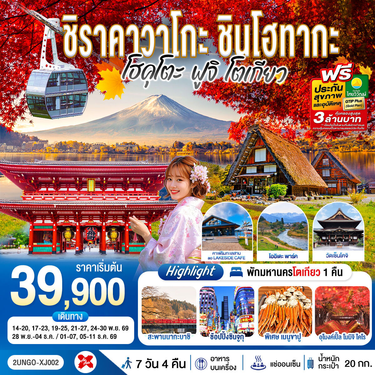 ทัวร์ญี่ปุ่น ชิราคาวาโกะ ชินโฮทากะ โฮคุโตะ ฟูจิ โตเกียว 7วัน 4คืน XJ