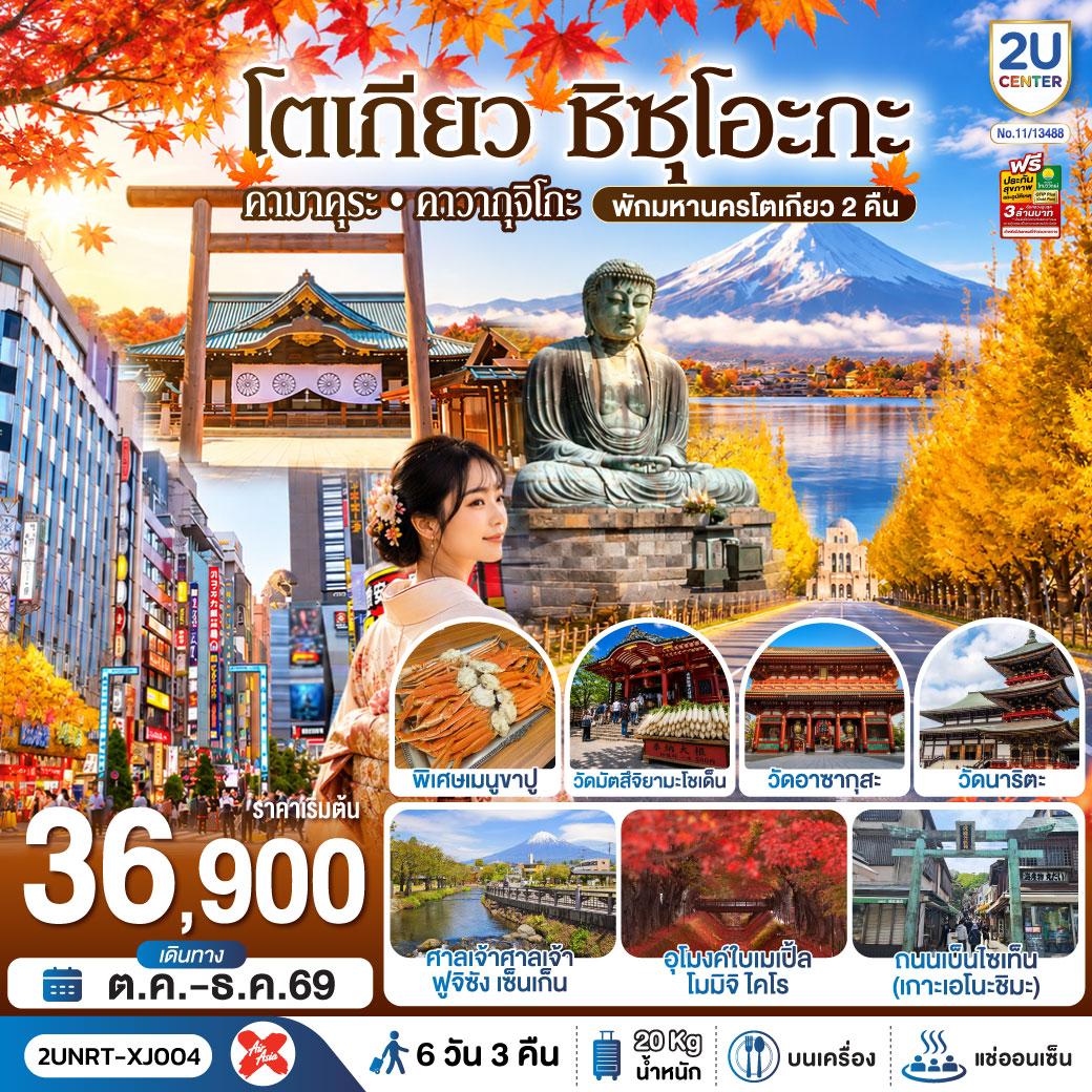 ทัวร์ญี่ปุ่น โตเกียว ชิซุโอะกะ คามาคุระ คาวากุจิโกะ (พักมหานครโตเกียว  2 คืน) 6วัน 3คืน XJ