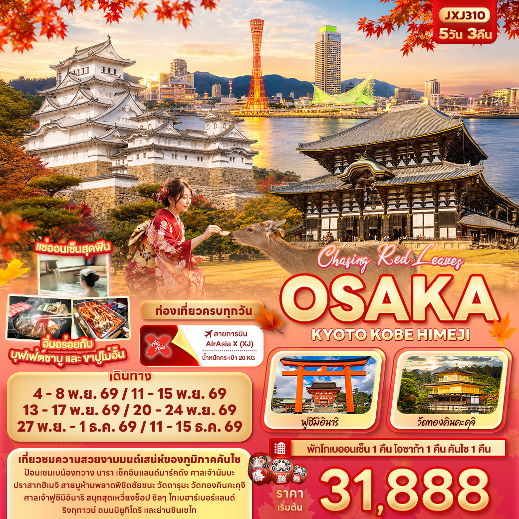 ทัวร์ญี่ปุ่น Chasing Red Leaves OSAKA KYOTO KOBE HIMEJI  5วัน 3คืน XJ