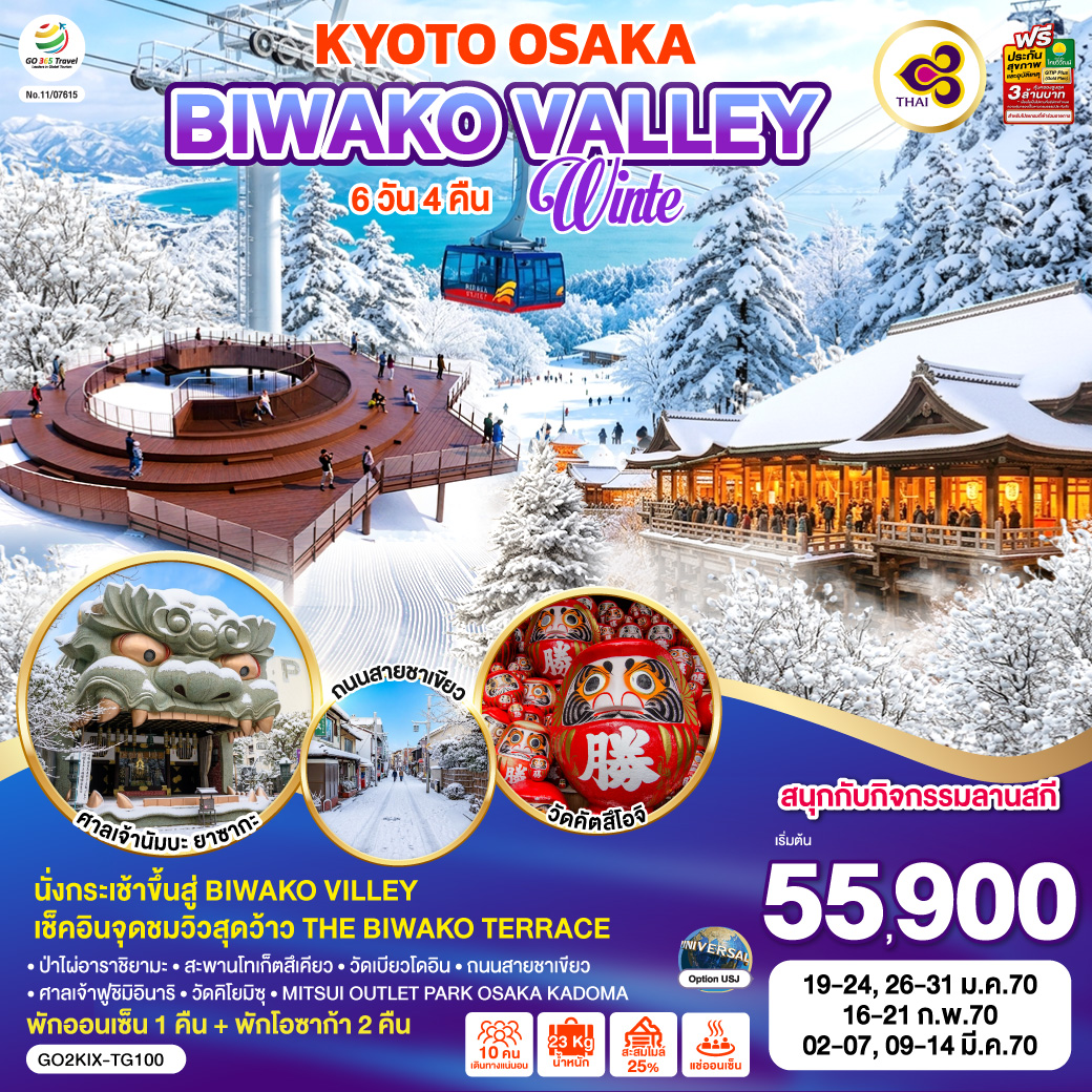 ทัวร์ญี่ปุ่น KYOTO BIWAKO VALLEY OSAKA WINTER  6วัน 4คืน TG