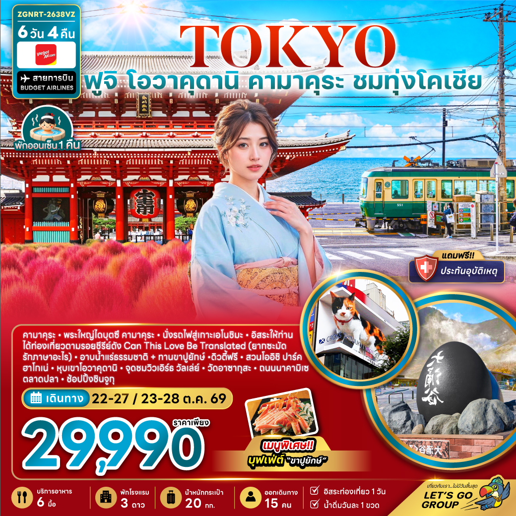 ทัวร์ญี่ปุ่น โตเกียว ฟูจิ โอวาคุดานิ คามาคุระ ชมทุ่งโคเชีย 6วัน 4คืน VZ