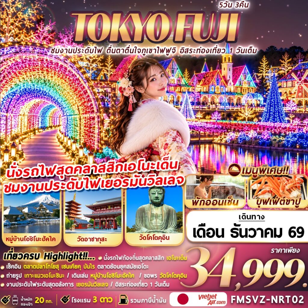 ทัวร์ญีปุ่น TOKYO FUJI ชมงานประดับไฟ ตื่นตาตื่นใจภูเขาไฟฟูจิ อิสระท่องเที่ยว 1 วันเต็ม 5วัน 3คืน VZ